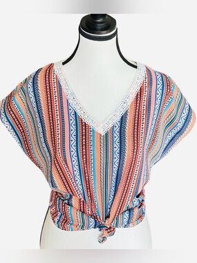 Women’s Striped V-Neck Short Sleeve Tie-Front Tee - Multicolor